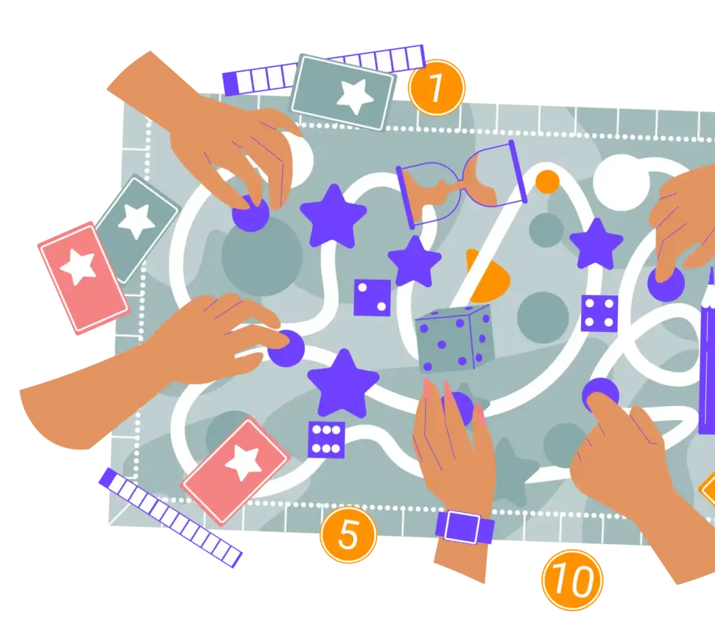 Spelers die interactie hebben met een bordspel met kaarten, dobbelstenen en strategie-elementen in een toernooisetting